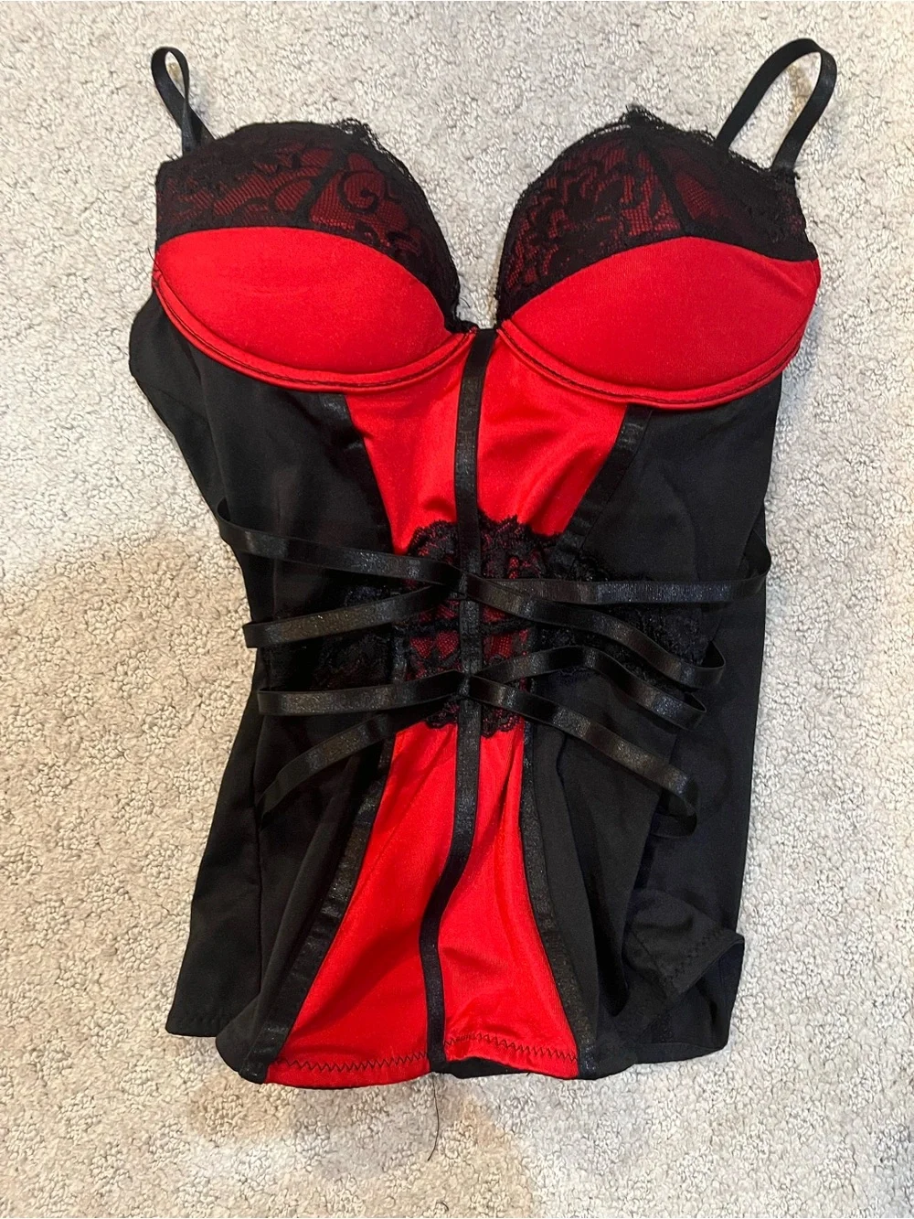 Black and red lace corset